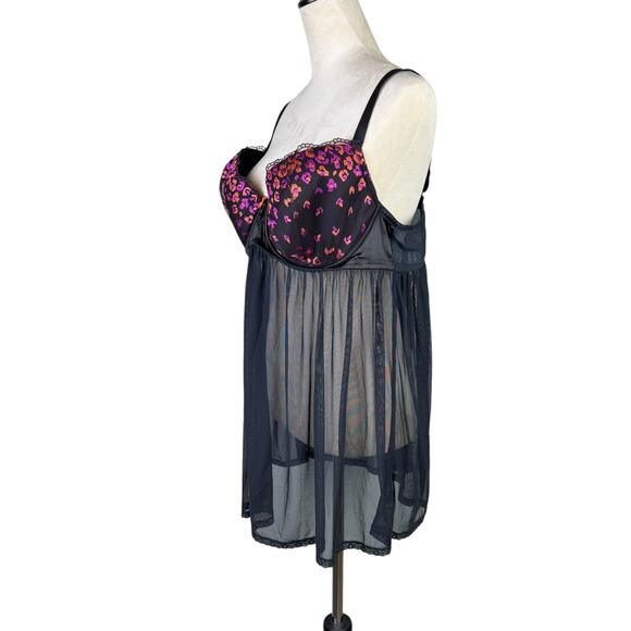 Savage X Fenty Black Sheer Mesh Pink Orange Flower Embroidered Babydoll Lingerie - Picture 2 of 9